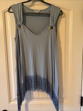 VENUS Light Blue Fringe Tank with Gold Ring Accents